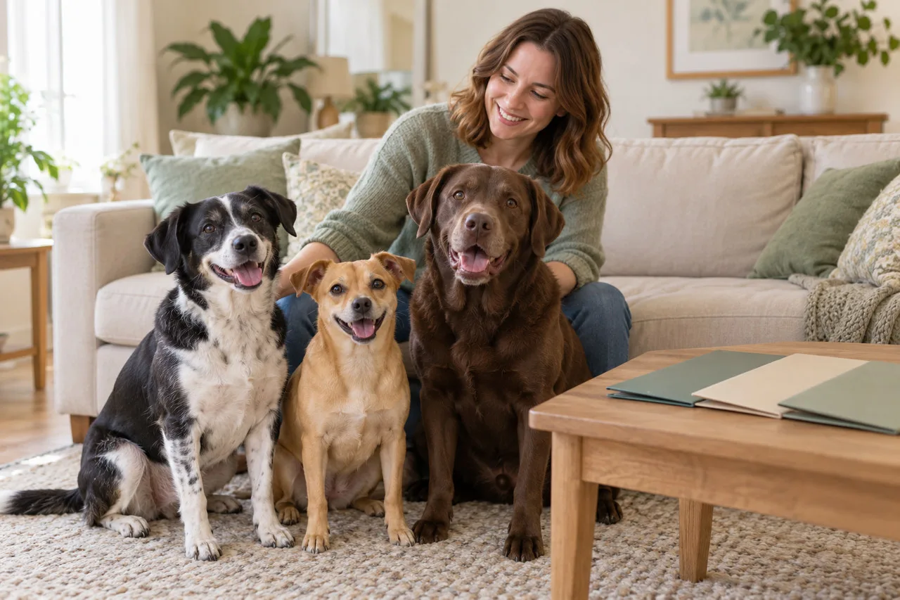 Three dogs sitting beside their owner in a living room